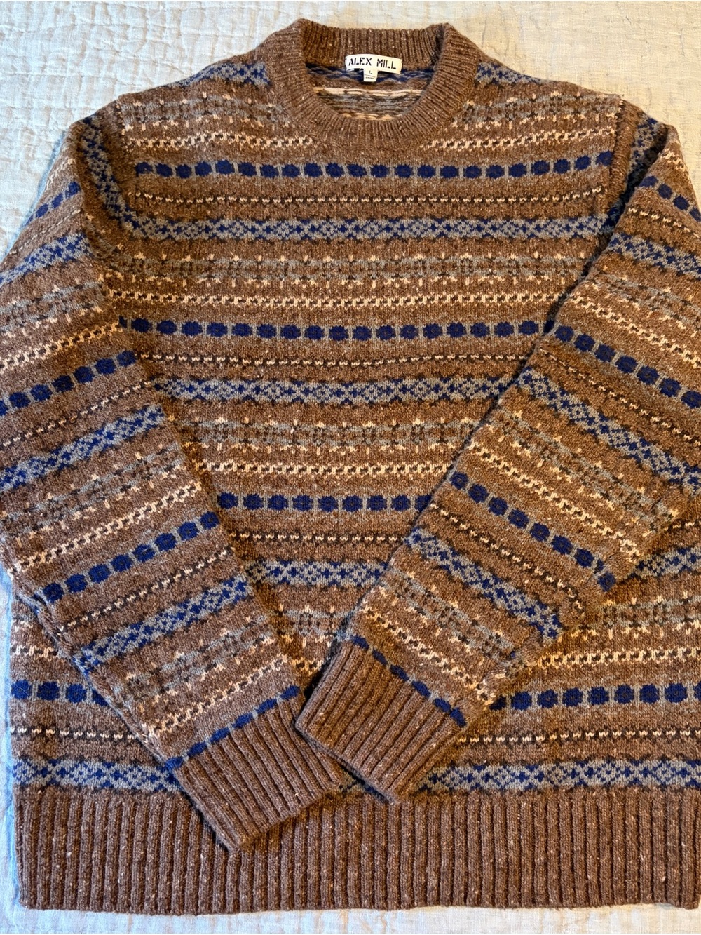 Alex Mill Brown Crewneck Sweater with Blue and Cream Accents